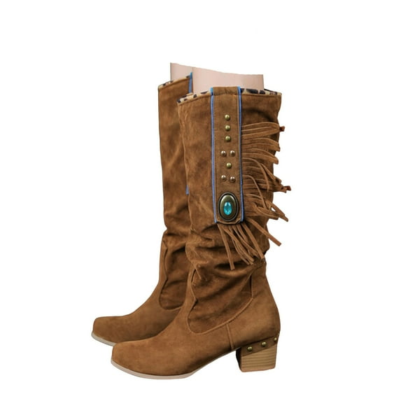 Leozcaa Womens Fringe Western Boots Fashion Hidden Heel Mid Calf Boots Round Toe Tassel Moccasin Boots