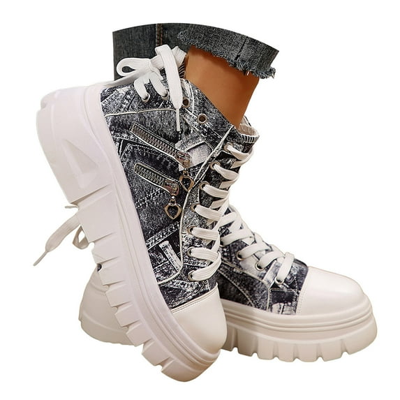 Leozcaa Womens High Top Canvas Shoes White Black Platform Sneakers Lace Up Ankle Boots Shoes for Women