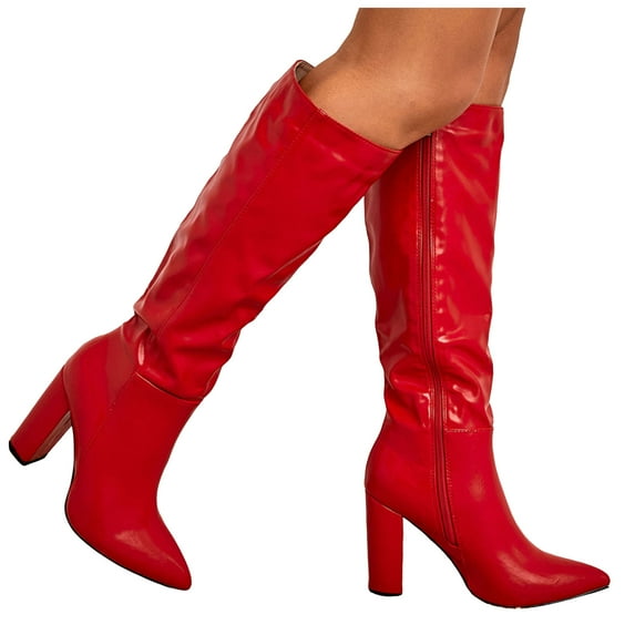 Leozcaa Womens Knee High Boots Pointed Toe Chunky Heel Boot Side Zipper Leather Winter Long Booties
