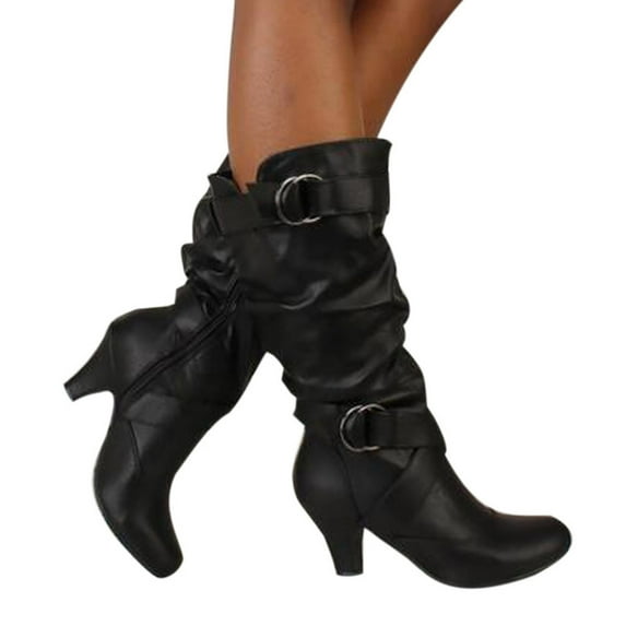 Leozcaa Womens Mid Knee High Boots Chunky Heel Slouchy Metal Buckle Side Zipper Fashion Winter Shoes