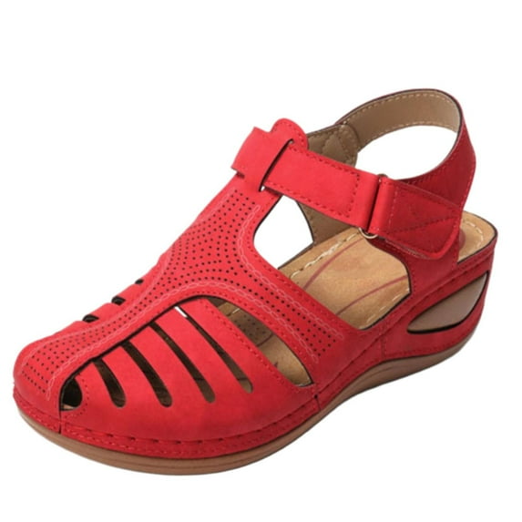 Leozcaa Womens Orthopedic Sandals Ankle Buckle Strap Wedge Platform Closed Toe Summer Hollow Casual Shoes