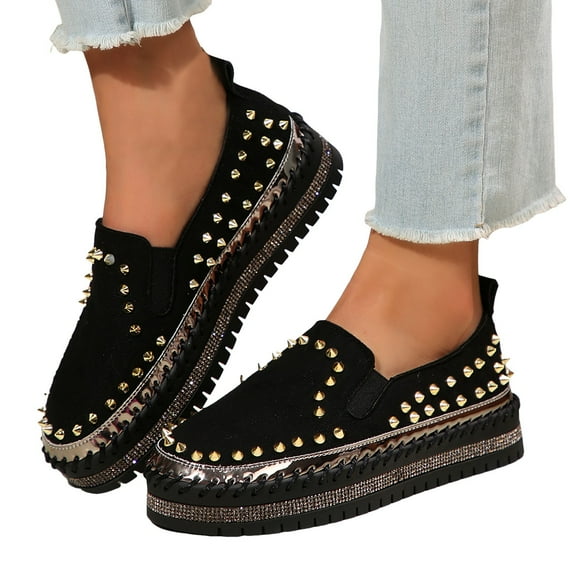 Leozcaa Womens Slip on Loafers Comfortable Thick Soft Platform Shoes Rivet Business Casual Walking Shoes