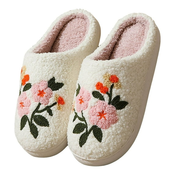 Slippers for Women Floral Flower Slippers Plush Cotton-Lined Indoor Slides with Non-Slip Sole Comfort Fuzzy House Shoes for Women Gray Size 10