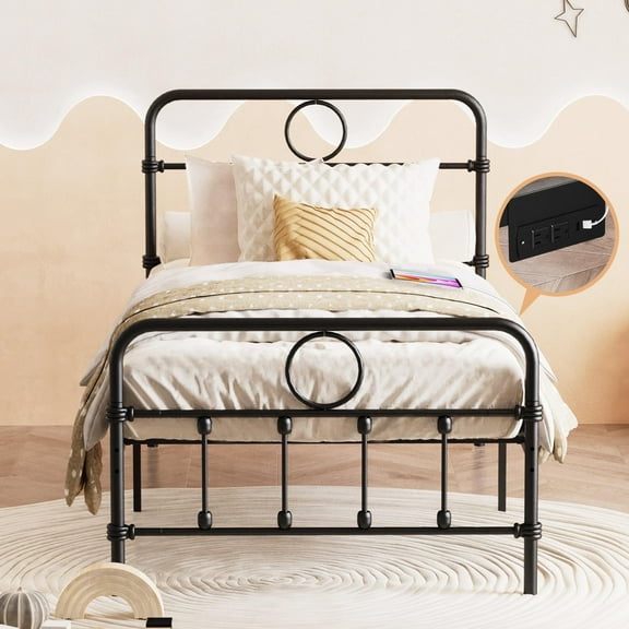 Lepaier Twin Bed Frame with Removable USB Charging Station, 12" Clearance, Sturdy Metal Slat Support, Black