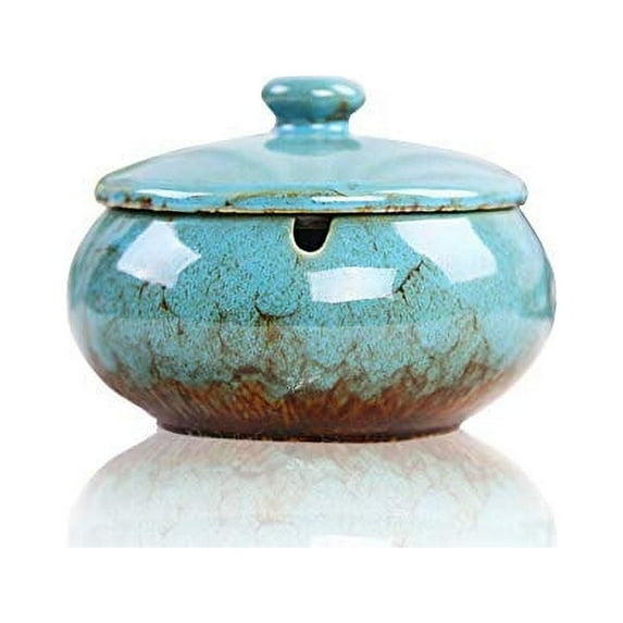 Lependor Ceramic Ashtray with Lids, Windproof, Cigarette Ashtray for Indoor or Outdoor Use?Ash Holder for Smokers,Desktop Smoking Ash Tray for Home Office Decoration - Blue