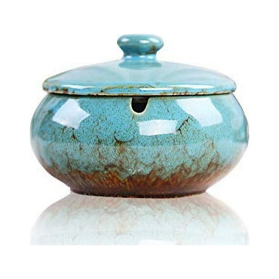 Lependor Ceramic Ashtray with Lids, Windproof, Cigarette Ashtray for Indoor or Outdoor Use?Ash Holder for Smokers,Desktop Smoking Ash Tray for Home Office Decoration - Blue