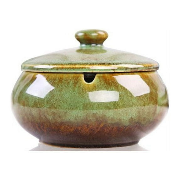 Lependor Ceramic Ashtray with Lids, Windproof, Cigarette Ashtray for Indoor or Outdoor Use，Ash Holder for Smokers,Desktop Smoking Ash Tray for Home Office Decoration - Green