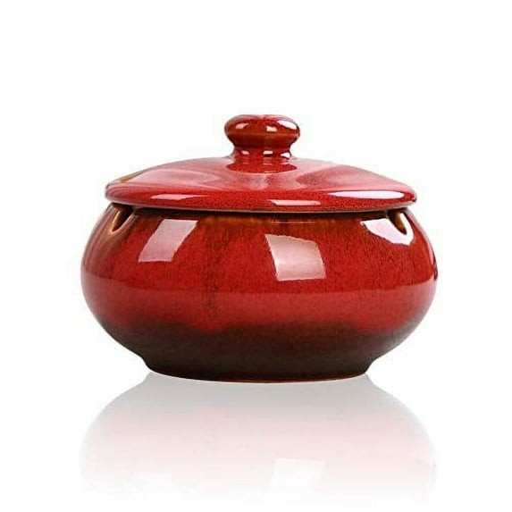 Lependor Ceramic Ashtray with Lids, Windproof, Cigarette Ashtray for Indoor or Outdoor Use?Ash Holder for Smokers,Desktop Smoking Ash Tray for Home Office Decoration- Red