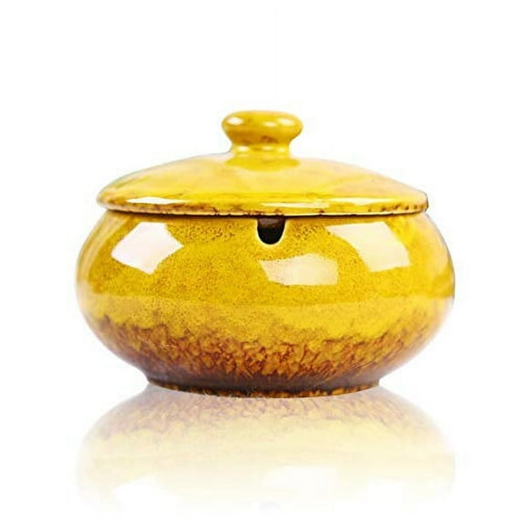 Lependor Ceramic Ashtray with Lids, Windproof, Cigarette Ashtray for Indoor or Outdoor Use，Ash Holder for Smokers,Desktop Smoking Ash Tray for Home Office Decoration - Yellow