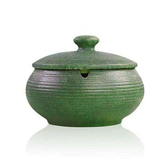 Lependor Ceramic Ashtray with Lid,Windproof,Ash Holder for Smokers,Desktop Smoking Ash Tray for Home Office Decoration - Dark Green