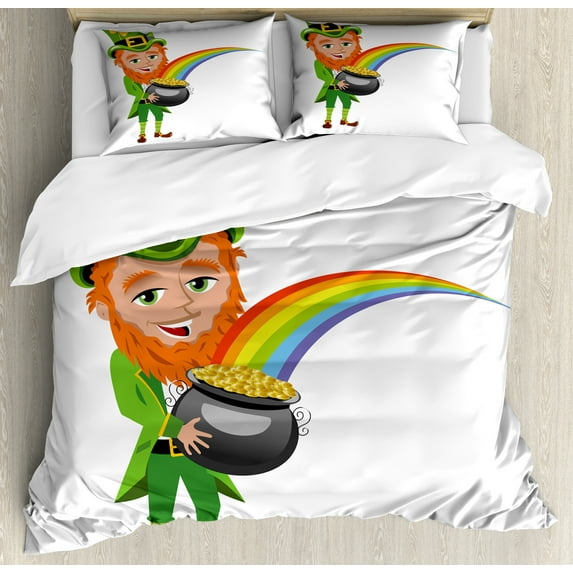 Leprechaun Duvet Cover Set, Saint Patrick's Day Elf Man Holding a Rainbow Coin Pot Cartoon, Decorative 3 Piece Bedding Set with 2 Pillow Shams, King Size, Lime Green Charcoal Grey, by Ambesonne