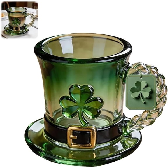Leprechaun Hat Glass Mug, St. PatrickS Day Leprechaun Hat Glass Mug, Green Gradient Glasses Beer Mug with Shamrock & Celtic Knot Handle, Irish Festival Drinkware Gift (1PC)