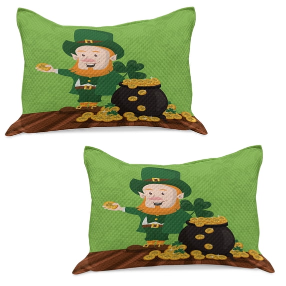 Leprechaun Knitted Quilt Pillowcover Set of 2, Saint Patrick's Day Cartoon with Shamrock and Coin Pot, Standard Queen Pillow Sham Bedroom, 30" x 20", Lime Green Multicolor, by Ambesonne