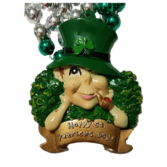 Leprechaun Pipe Hat Happy St Patrick's Day Mardi Gras Green Bead Necklace