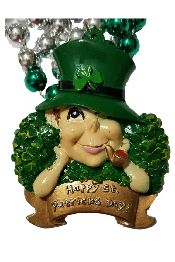 Leprechaun Pipe Hat Happy St Patrick's Day Mardi Gras Green Bead Necklace