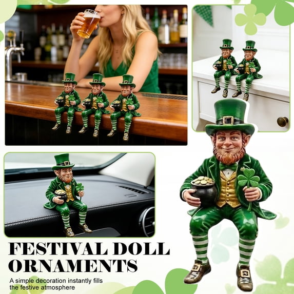 Leprechaun Shelf Sitter Statue for St. Patrick's Day – 4.72 Inch Resin Figurine with Pot of Gold & Shamrock,Irish Holiday Decor for Home Office,Mantel,Tiered Tray,or Party Tabletop