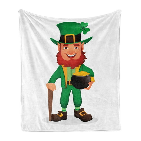 Leprechaun Soft Flannel Fleece Blanket, Happy Cartoon Long Bearded Rich Irish Elf Character with Green Hat and Clothes, Cozy Plush for Indoor and Outdoor Use, 50" x 70", Multicolor, by Ambesonne