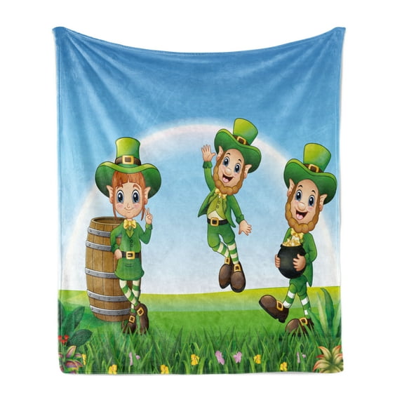 Leprechaun Soft Flannel Fleece Throw Blanket, Cartoon Illustration St Patrick's Day Parade Characters on Grassland Print, Cozy Plush for Indoor and Outdoor Use, 60" x 80", Multicolor, by Ambesonne