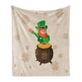 thumbnail image 1 of Leprechaun Soft Flannel Fleece Throw Blanket, Happy Waving Irish Character in a Coin Pot on Clover Silhouettes, Cozy Plush for Indoor and Outdoor Use, 50" x 60", Pale Tan Multicolor, by Ambesonne, 1 of 5