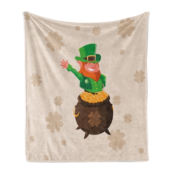Leprechaun Soft Flannel Fleece Throw Blanket, Happy Waving Irish Character in a Coin Pot on Clover Silhouettes, Cozy Plush for Indoor and Outdoor Use, 50" x 60", Pale Tan Multicolor, by Ambesonne