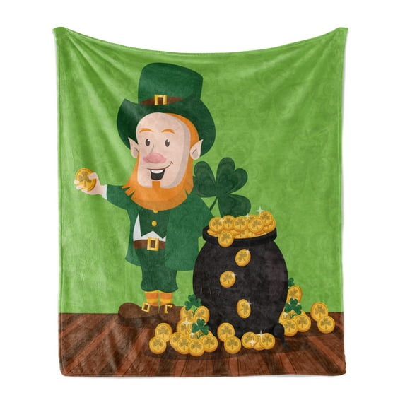 Leprechaun Soft Flannel Fleece Throw Blanket, Saint Patrick's Day Cartoon with Shamrock and Coin Pot, Cozy Plush for Indoor and Outdoor Use, 60" x 80", Lime Green Multicolor, by Ambesonne