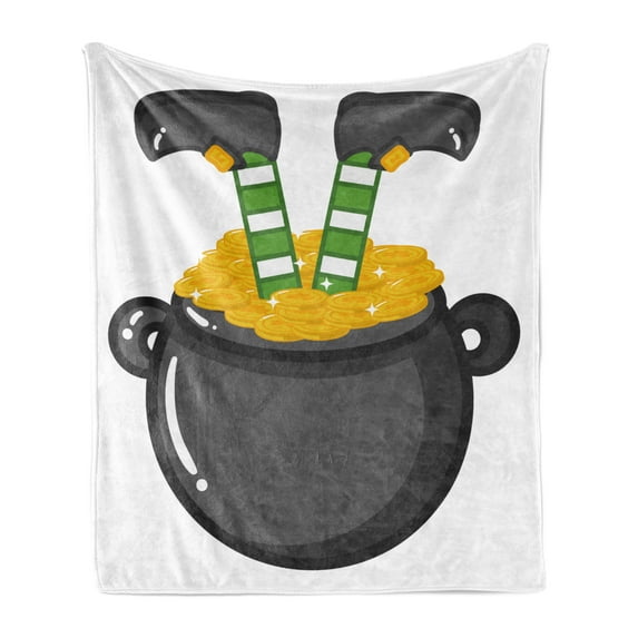 Leprechaun Soft Flannel Fleece Throw Blanket, Upside down Funny Elf Legs in a Pot Full of Coins, Cozy Plush for Indoor and Outdoor Use, 60" x 80", Grey Multicolor, by Ambesonne