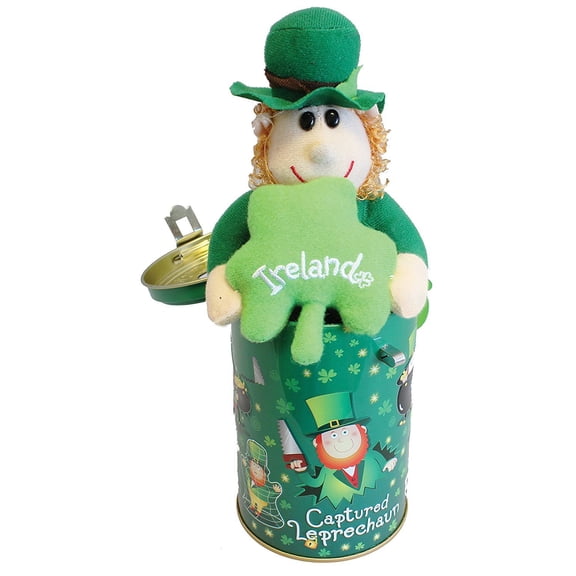 Leprechaun Soft Toy in Money Tin Saving Box for Kids 5.5" St Patrick Day Piggy Bank Gift