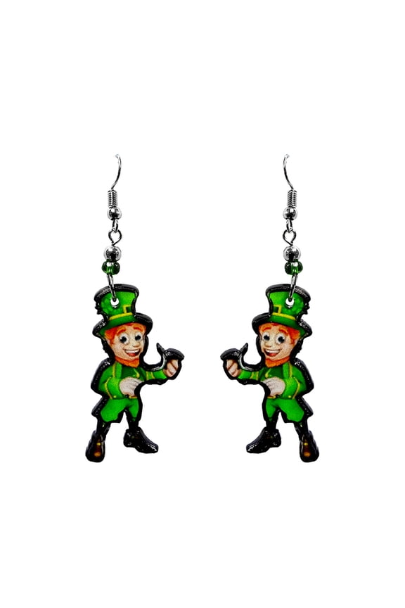 Leprechaun St. Patrick's Day Themed Graphic Dangle Earrings - Womens Irish Fashion Handmade Jewelry Holiday Accessories