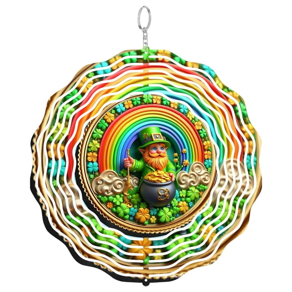 Leprechaun With Pot Of Gold And Rainbow 3D Wind Spinner Stainless Steel Kinetic Art Irish Holiday Gift 10 Inch