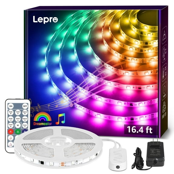 Lepro 16.4ft Music Sync LED Strip Lights for Bedroom, Upgrade 5050 RGB Waterproof Tape Lights with Remote, MagicColor for Christmas Decor