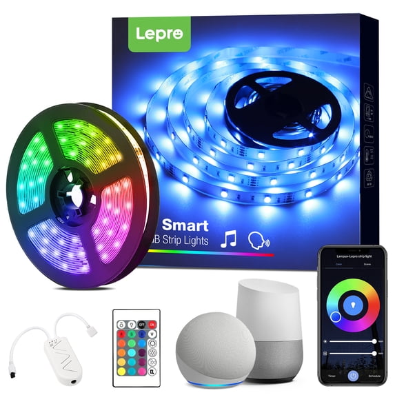 Lepro 16.4ft Smart Led Strip Light for Room ,5050 RGB Led Lights for Bedroom with App Control Remote, Music Sync Color Changing Lights for Room Party