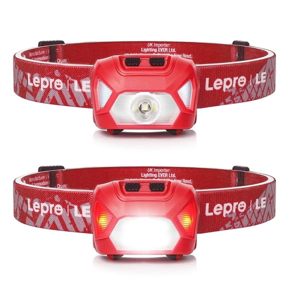 Lepro 2-Pack Battery-Powered Head lamp, 1300 Lux Super Bright with Adjustable Headband, 6 Modes including Red Light, IPX4 Waterproof Suitable for Camping and Outdoor Activities .Red