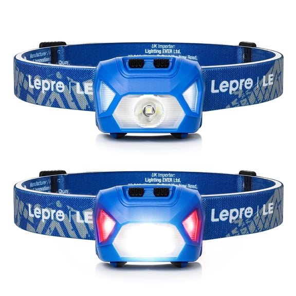 Lepro 2-Pack Battery Powered Headlamp Red, 1300 Lux LED, 6 Modes Including Red Light, Adjustable Strap, IPX4 Waterproof,Blue