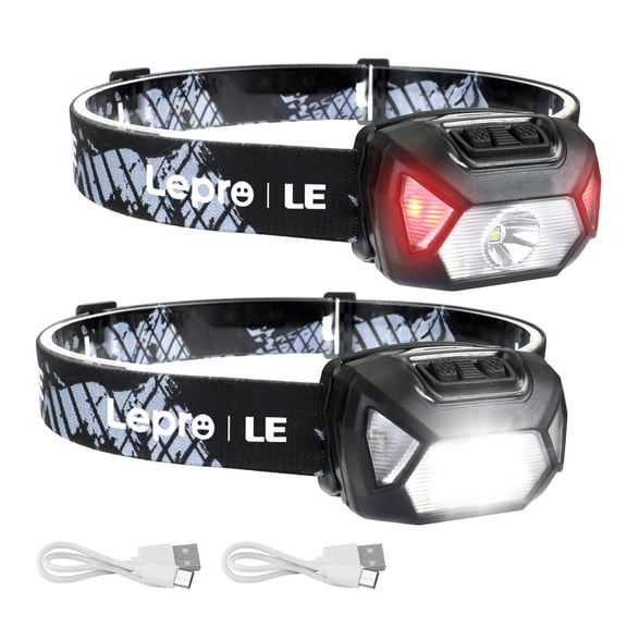 Lepro Rechargeable LED Headlamp 2-Pack, 2000 Lux Brightness, 6 Modes Including Red Light, Adjustable Strap, IPX4 Waterproof