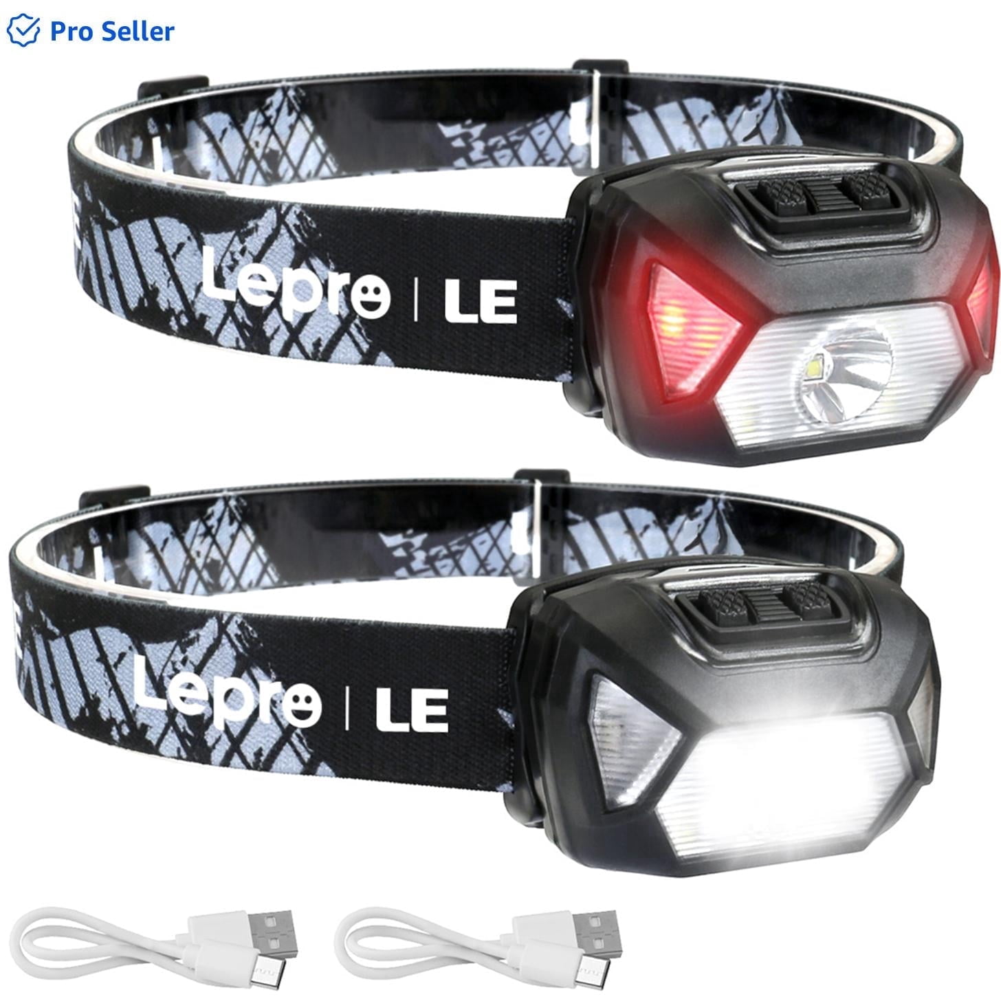 Lepro Rechargeable LED Headlamp 2-Pack, 2000 Lux Brightness, 6 Modes Including Red Light, Adjustable Strap, IPX4 Waterproof