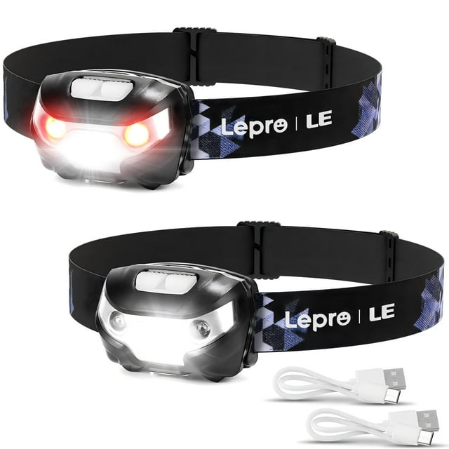 Lepro 2-Pack Rechargeable Headlamp, 30-Hour Battery Life, Headlight with 5 LED Modes, Essential Gear for Camping & Hiking