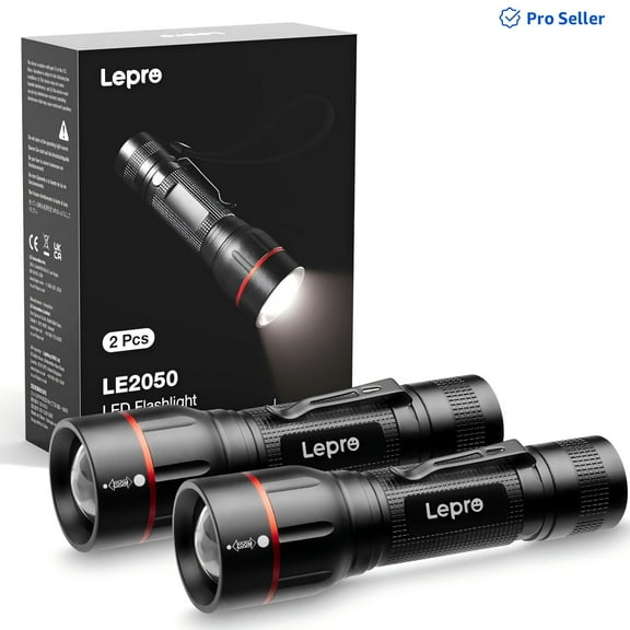 Lepro 2-Packs LED Flashlights with Clip , LE2050 High Lumen, 5 Lighting Modes, Zoomable Waterproof  Lightweight Flashlights for Emergencies,Camping, Powered by AAA Battery