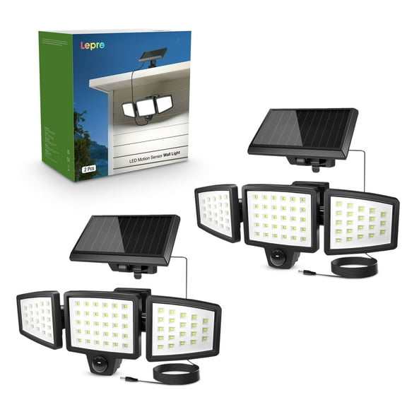 Lepro 2-Packs Solar Flood Lights for Outside, Motion Activated Security Lights, Separate Solar Panel, 3 Adjustable Head 270° Wide Lighting Angle, IP65 Waterproof Wall Lamp for Porch Yard Garage