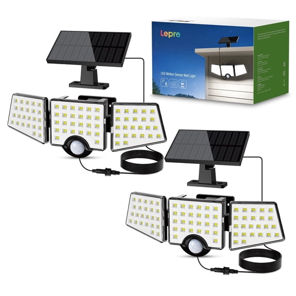 Lepro 2-Packs Solar Flood Lights for Outside, Motion Activated Security Lights, Separate Solar Panel, 3 Adjustable Head 270° Wide Lighting Angle, IP65 Waterproof Wall Lamp for Porch Yard Garage