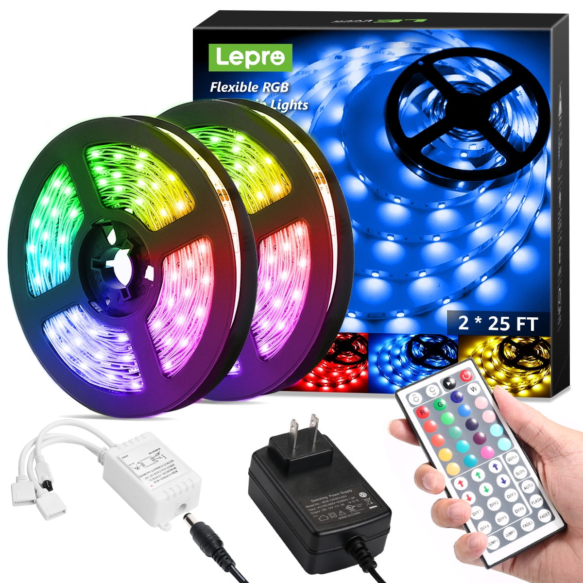  Lepro 50ft LED Strip Lights, Ultra-Long RGB 5050 LED Strips  with Remote Controller and Fixing Clips, Color Changing Tape Light with 12V  ETL Listed Adapter for Bedroom, Room, Kitchen, Bar(2 X