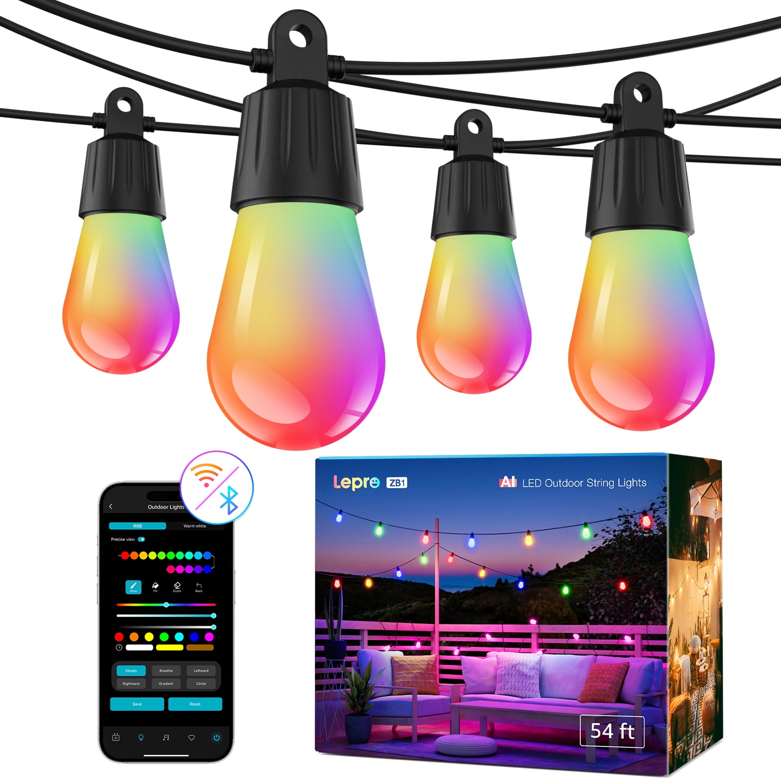 Lepro AI Smart Outdoor String Lights ZB1, 54ft(42+12) RGB+IC Warm White