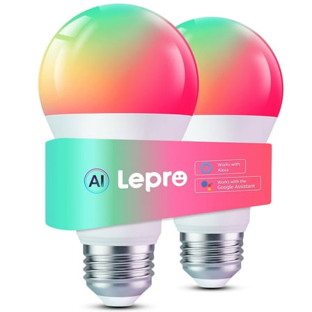 Lepro B2 AI LED Light Bulbs, 2-Pack RGBww Color Changing, 1100 Lumens, Voice Control, Music Sync, Wi-Fi and Bluetooth, Works with Alexa and Google