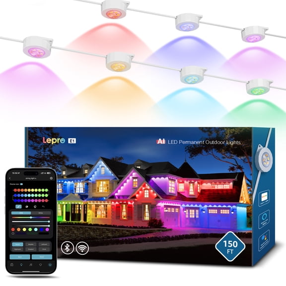 Lepro E1 AI Permanent Outdoor Lights APP Control, 150ft 90 LED Smart RGB+IC+Warm/Cool White House Eave Lights for Halloween Christmas, Alexa Google Enabled 2.4 GHz WiFi/Bluetooth