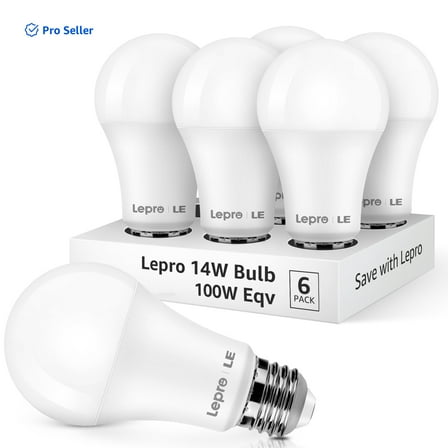 Lepro LED Light Bulb, 100W Equivalent, 14W 1500 Lumens, 2700K Daylight White, Non-Dimmable A19 E26 Base, 15000 Hour 10 Year Lifetime, 6 Pack