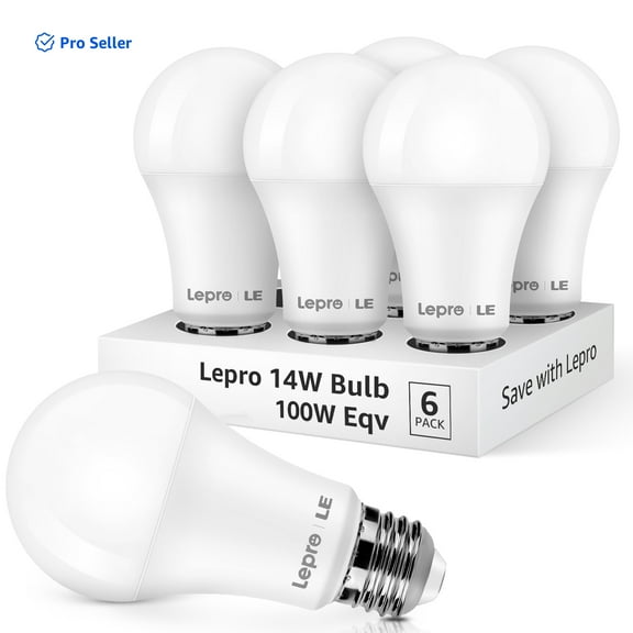 Lepro LED Light Bulb, 100W Equivalent, 14W 1500 Lumens, 2700K Daylight White, Non-Dimmable A19 E26 Base, 15000 Hour 10 Year Lifetime, 6 Pack