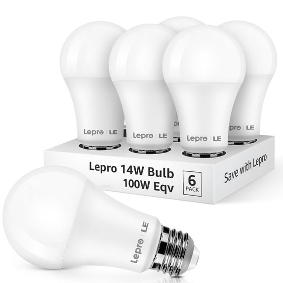 Lepro LED Daylight Light Bulbs 100W Eqv Annual Save $10.32 per, 14W 1500 Lumens 5000K Daylight White Non-Dimmable, A19 E26 Standard Base, 15000 Hour / 10yr Lifetime 6 Packs