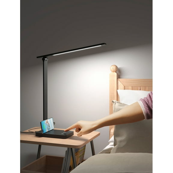 Lepro LED Dimmable Reading Desk Lamp with USB Charging Port, 15W 96 LEDs 550 Lumens Soft Light Eye-Care, Suitable for Home Work, Study, College Dorm, Black