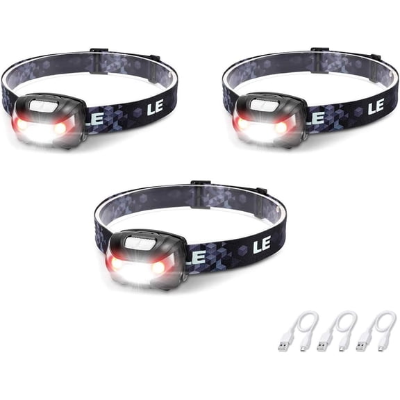 Lepro LED Headlamp Rechargeable 3 Packs - Super Bright  Lamp with 5 Modes for Camping & Hiking Gear Essentials, IPX4  Headlight Flashlight with Red Light, USB  Included
