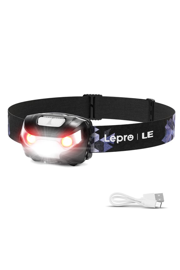 Rechargeable LED Headlamp, Super Bright Headlight with 5 Modes and Red Light, IPX4 Waterproof, USB Cable Included, for Camping and Hiking