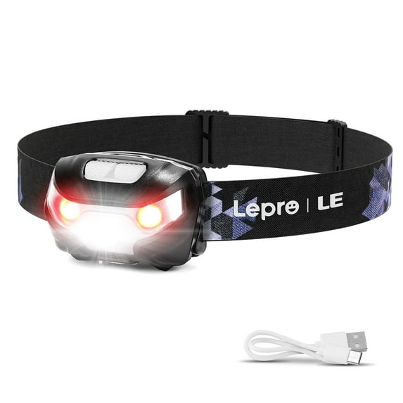 Lepro Rechargeable LED Headlamp, Super Bright Headlight with 5 Modes and Red Light, IPX4 Waterproof, USB Cable Included, for Camping and Hiking